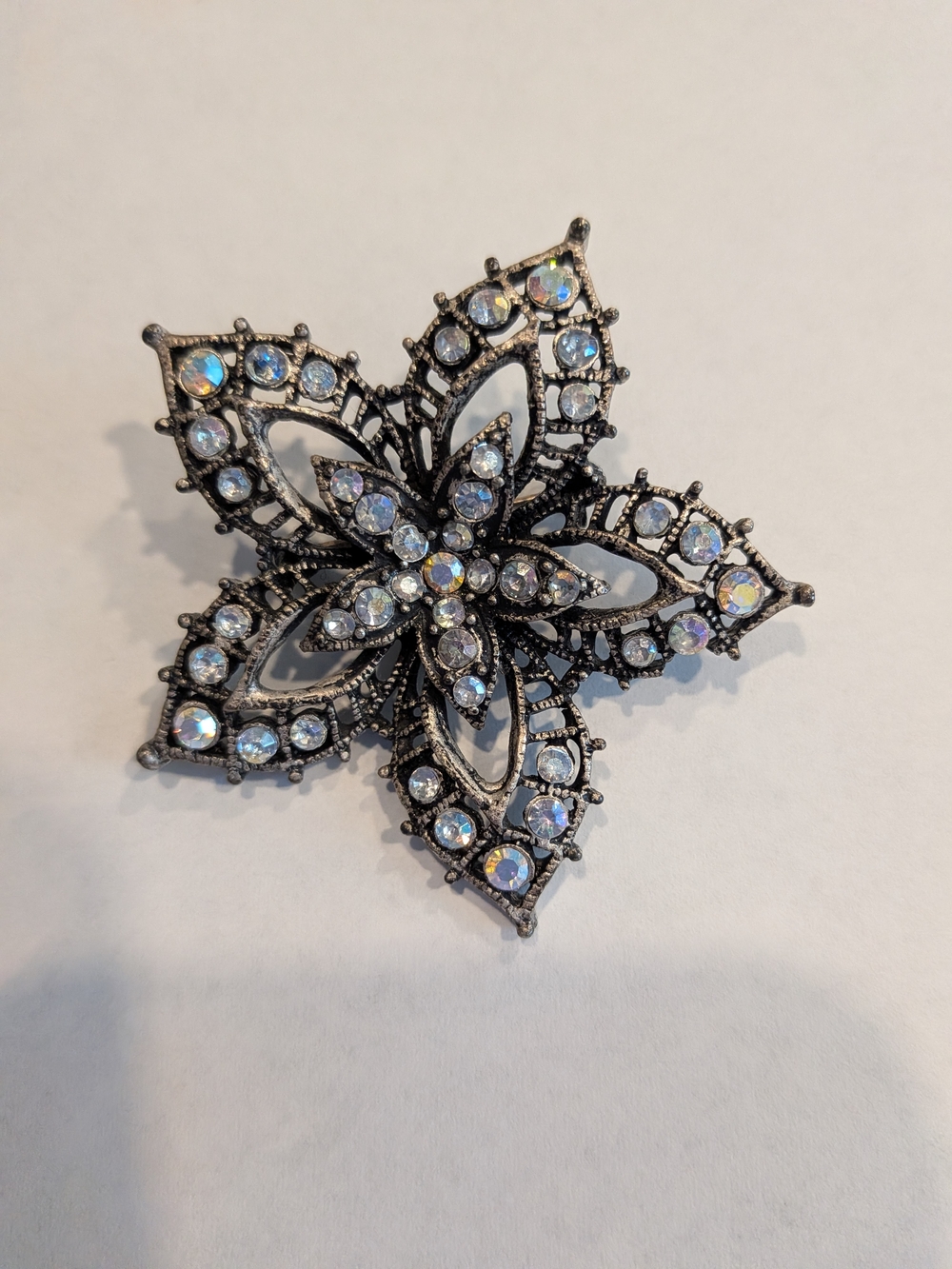 Vintage Crystal Flower Brooch Pin - Silver-Tone with Aurora Borealis Stones